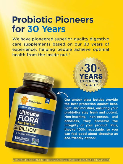 Renew Life Extra Care Digestive Probiotic Capsules, Daily Supplement Supports Immune, Digestive and Respiratory Health, L. Rhamnosus GG, Dairy, Soy and gluten-free, 30 Billion CFU, 30 Count