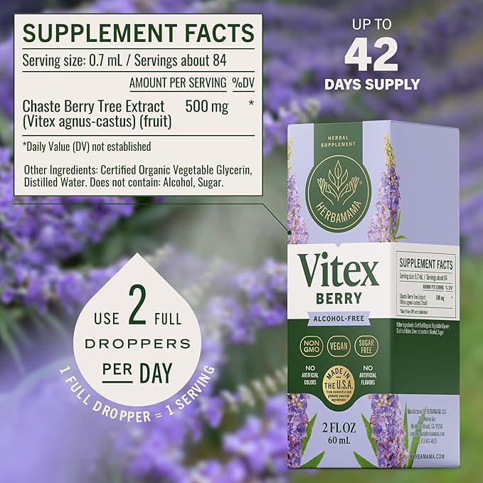 HERBAMAMA Vitex Chasteberry Supplement for Women - Natural Menopause Support* with Vitex Berry Tincture - Chaste Tree Berry Drops for Hormonal Balance & Cycle Support* - 42-Day Supply