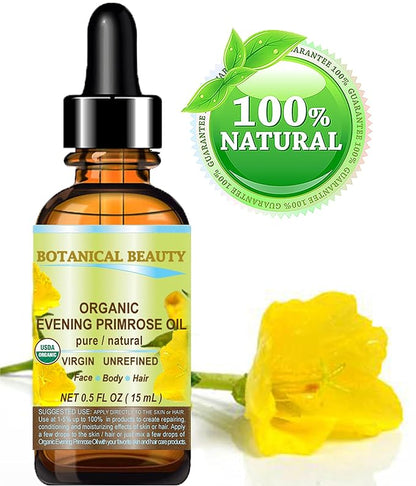 Botanical Beauty Organic EVENING PRIMROSE OIL 100% Pure Natural Undiluted Unrefined Virgin Cold Pressed Carrier Oil. 0.5 Fl.oz.- 15 ml for face, skin, hair, nails