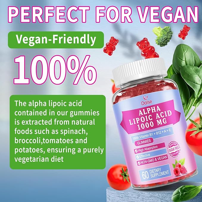 (2 Packs) Alpha Lipoic Acid Gummies 1000Mg with Vitamin B1, B12, A, E - High Absorption Sugar Free Chewable ALA Supplement for Energy Support,Raspberry Flavor, 60 Gummies