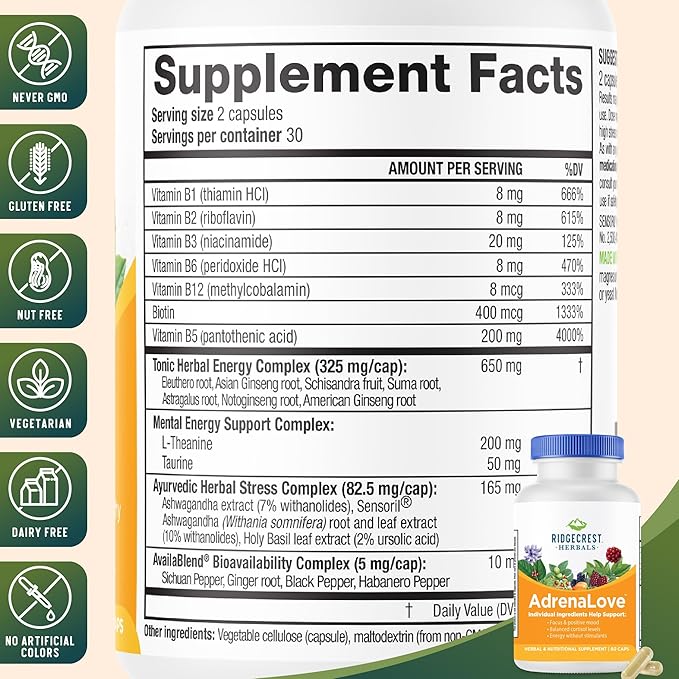 Ridgecrest Herbals AdrenaLove, Stress and Energy Support Supplement (60 Vegan Caps, 30 Serv)
