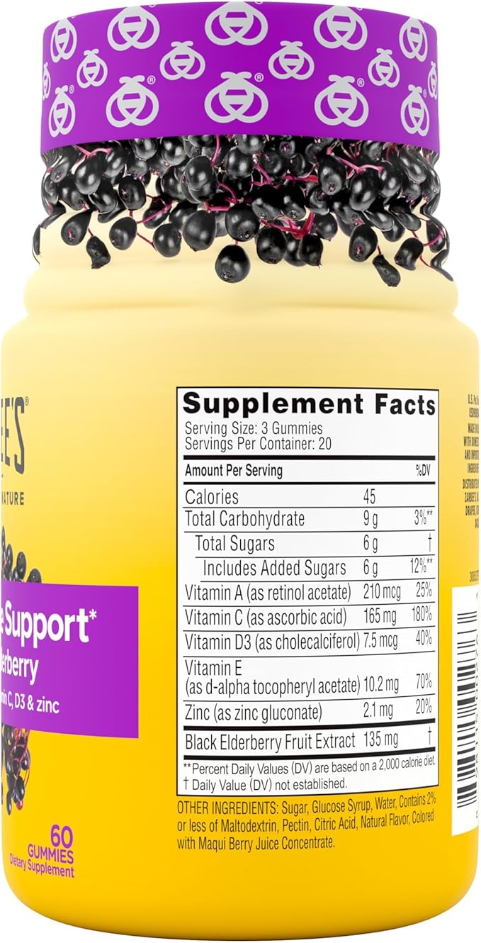 Zarbee’s Elderberry Gummies Daily Immune Support Supplement with Vitamins A C D E & Zinc, Black Elderberry Extract, Natural Berry Flavor, Vegetarian, Gelatin-Free, 60 ct