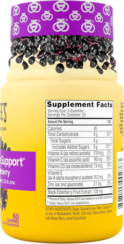 Zarbee’s Elderberry Gummies Daily Immune Support Supplement with Vitamins A C D E & Zinc, Black Elderberry Extract, Natural Berry Flavor, Vegetarian, Gelatin-Free, 60 ct