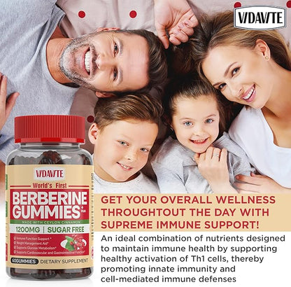 VIDAVITE Berberine with Ceylon Cinnamon Gummies — Sugar-free, 98% Pure & 10x Absorption — 1200mg HCL Organic Berberine Supplement for Weight Management, Immunity, Metabolic & Digestive Health(30 Days)