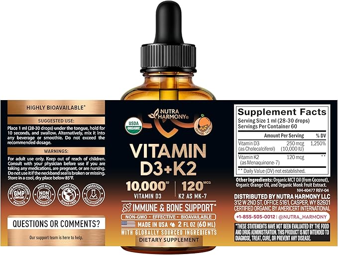 Vitamin D3 K2 USDA Organic Drops - Vitamin D3 10000 IU & K2 as MK-7 120mcg - Immune & Mood Support, Bone & Teeth Health - Sugar-Free Orange Flavor - Liquid Supplement - Made in USA - 2 FL OZ, 60 Days