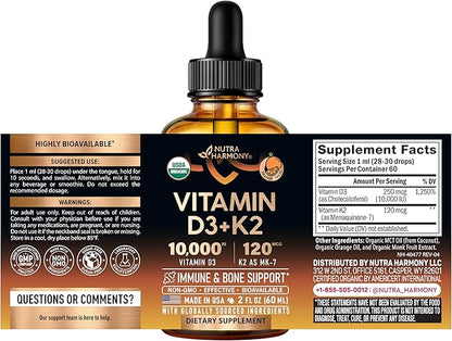 Vitamin D3 K2 USDA Organic Drops - Vitamin D3 10000 IU & K2 as MK-7 120mcg - Immune & Mood Support, Bone & Teeth Health - Sugar-Free Orange Flavor - Liquid Supplement - Made in USA - 2 FL OZ, 60 Days