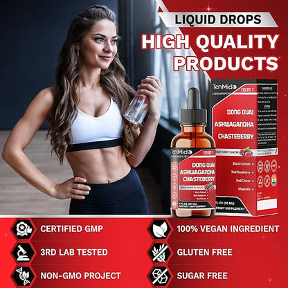 10in1 Liquid Dong Quai Supplement for Women with Ashwagandha, Chasteberry, Black Cohosh, Red Clover, Magnolia, Red Raspberry, Hops Flower, Lemon Balm, and Ginger - 30ml 1 Fl Oz