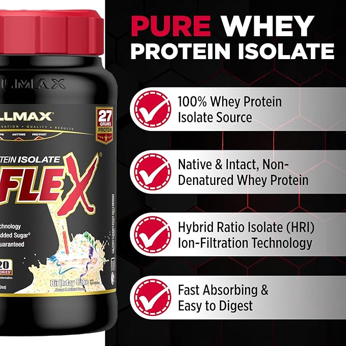 ALLMAX ISOFLEX Pure Whey Isolate Protein Powder - Gluten Free, Low Lactose, Sugar-Free - High-Protein, Clean, Keto-Friendly for Pre Post Workout Supplement for Women and Men | Birthday Cake, 2lb