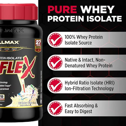 ALLMAX ISOFLEX Pure Whey Isolate Protein Powder - Gluten Free, Low Lactose, Sugar-Free - High-Protein, Clean, Keto-Friendly for Pre Post Workout Supplement for Women and Men | Birthday Cake, 2lb