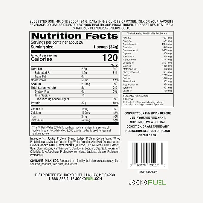 Jocko Fuel Whey Protein Powder, Mint Chocolate, 22g Protein, Digestive Enzymes + Probiotic Blend, No Sugar Added, with Essential Amino Acids + Electrolyte Minerals, 26 Servings