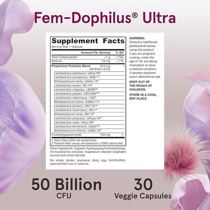 Jarrow Formulas Fem-Dophilus Vaginal & Digestive Probiotic 50 Billion CFU, 9 Clinically-Studied Strains, for Vaginal Flora & Yeast Balance, Urinary Tract, Digestive, & Immune Support, 30 Capsules