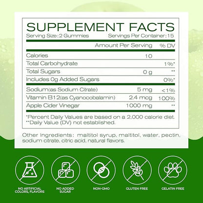 NEWELLME ACV Gummies with the Mother & B12 – Sugar-Free, Great-Tasting Vegan Gummies for Digestion, Metabolism & Daily Energy Support, 180 Count