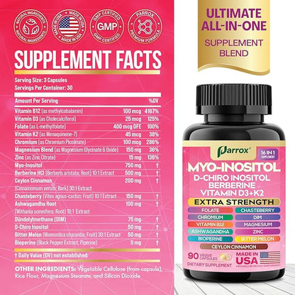 Myo-Inositol Supplement with D-Chiro Inositol, DIM, Berberine, Vitamin D3 + K2, Methylated B12, Chromium, Ceylon Cinnamon, Zinc, Ashwagandha, Chasteberry, Magnesium, Bioperine, Bitter Melon (2 Pack)