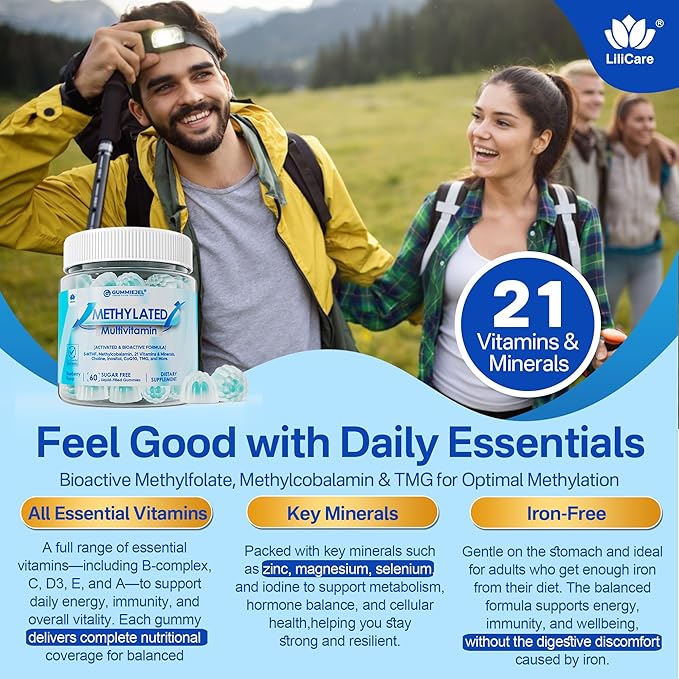 2 Pack Methylated Multivitamin for Men & Women Gummies + Greens & Mushroom Blend, Methylfolate & B12, TMG, Choline, Daily Vitamin A, C, D3K2, E, B Complex, Coq10, ALA for Overall Wellness, Sugar Free
