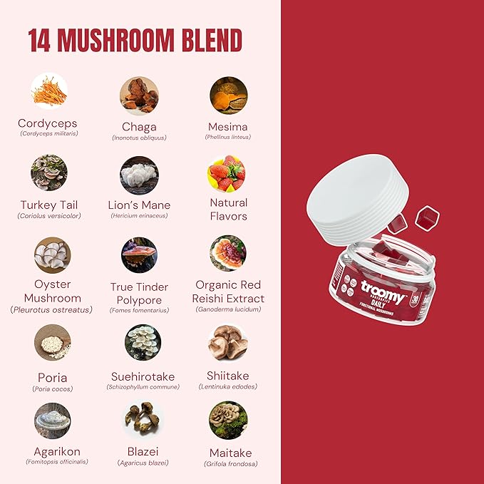 Troomy Daily 14 Mushroom Blend Gummies - Great Tasting Natural Mango Strawberry Flavor, Gelatin-Free, Gluten-Free, Vegetarian - 30 Count