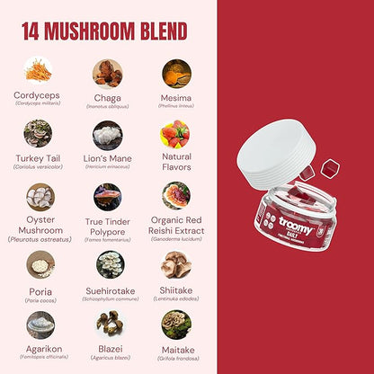 Troomy Daily 14 Mushroom Blend Gummies - Great Tasting Natural Mango Strawberry Flavor, Gelatin-Free, Gluten-Free, Vegetarian - 30 Count