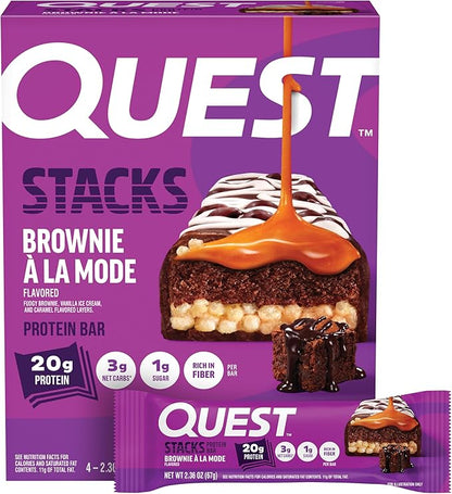 Quest Nutrition Stacks Protein Bars, Brownie a la Mode Flavor, 20g Protein, 3g Net Carbs, 1g Sugar, High Fiber, Low Sugar, Gluten Free, 4 Count