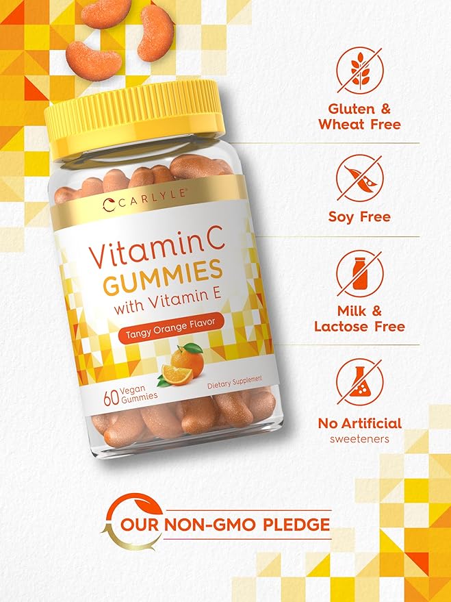 Carlyle Vitamin C Gummies | 60 Count | Orange Flavor | with Vitamin E | Vegan, Non-GMO, and Gluten Free Supplement