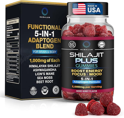 Shilajit Plus Gummies – 5-in-1 Adaptogen Energy & Focus Supplement | Shilajit, Ashwagandha, Lion’s Mane, Sea Moss & Beet Root | Natural Energy & Stress Support | Made in USA, Vegan, 60ct