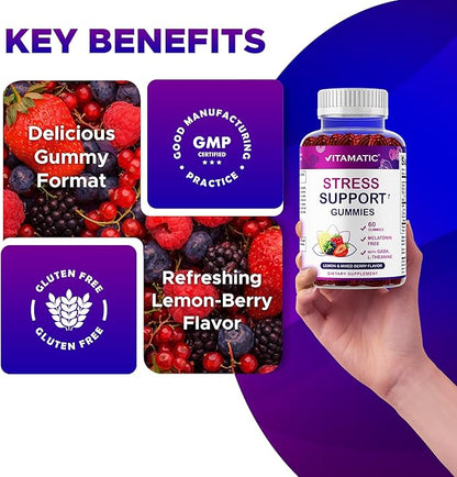 Vitamatic Stress Relief Gummies with GABA, L-Theanine, Lemon Balm – Lemon & Mixed Berry Flavor – 60 Gummies – Vegan, Non-GMO, Gluten-Free