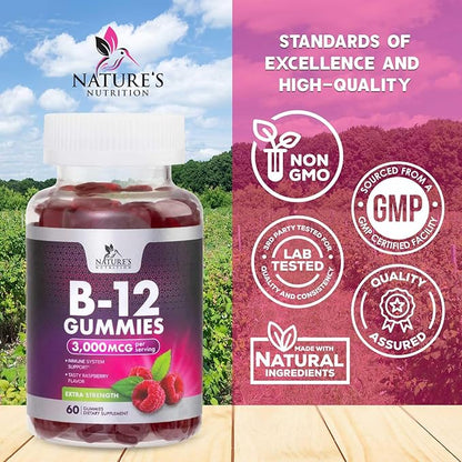 Vitamin B12 Energy Gummies - 3000 mcg per Serving Extra Strength B 12 Gummy for Metabolism & Immune System Support - Chewable Dietary B12 Supplements, Caffeine Free Gummy Vitamin - 60 Gummies