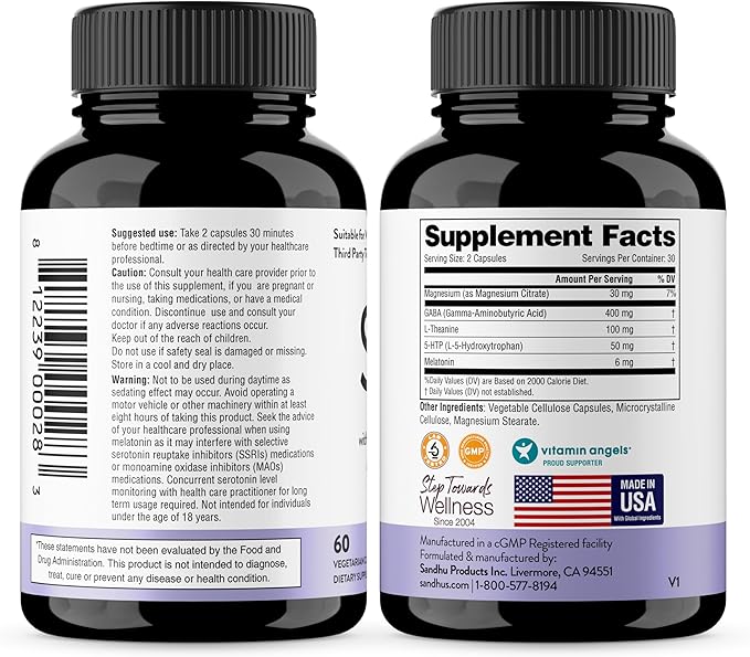 Sandhu's Sleep 60 Capsules –Non-Habit Forming 5-in-1 Sleep Aid Supplement with Melatonin, Magnesium, GABA, L-Theanine & 5-HTP