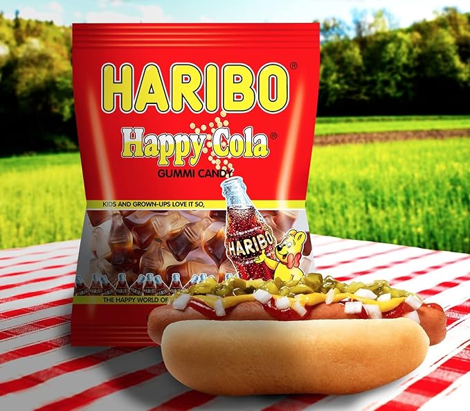 HARIBO Gummi Candy, Happy-Cola Gummy Candy Soda Bottles, 5 Ounce Share Size Bags (Pack of 12) Delicious Soft & Chewy Sweet Snacks, Classic Cola Flavor