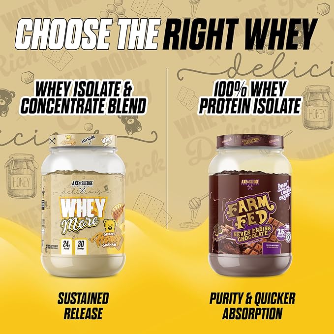 Axe & Sledge WHEY More Premium Protein Blend | 24g Protein, Whey Concentrate & Isolate | Prebiotic Fiber for Enhanced Absorption | Creamy, Delicious, Versatile | 30 Servings, Honey Grizzly Graham