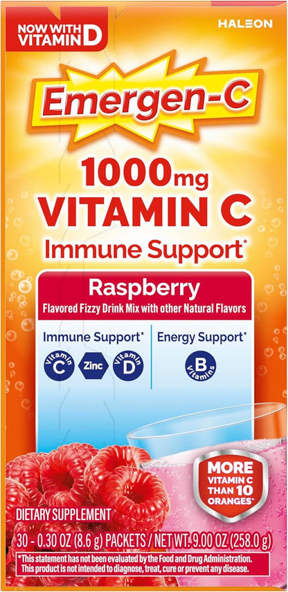 Emergen-C 1000mg Vitamin C Immune Support Powder Raspberry 30CT includes Zinc, Manganese, 7 B Vitamins and Electrolytes for Back to School Essentials