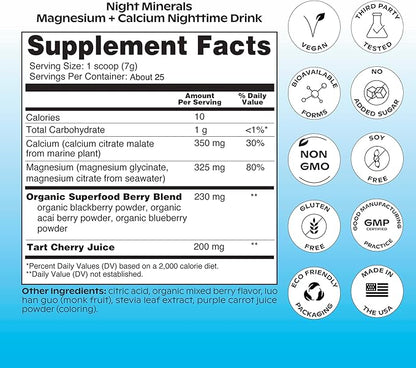 wholier Magnesium Glycinate, Tart Cherry Juice, Chelated Calcium. Calming Nighttime Drink. Natural Support for Sleep, Stress + Relaxation. Night Minerals. (About 25 Servings)