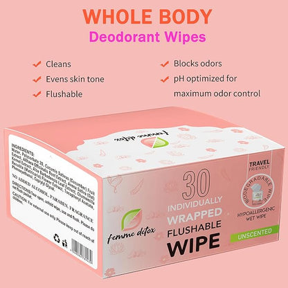 30 Count Flushable Feminine Wipes pH-Balanced & Unscented for Sensitive Skin | Individually Wrapped, Septic-Safe, Aloe-Infused | Travel & Home Use