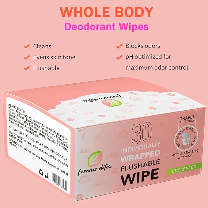 Flushable Feminine Wipes pH-Balanced & Unscented for Sensitive Skin | Individually Wrapped, Septic-Safe, Aloe-Infused | Travel & Home Use (90 Count)