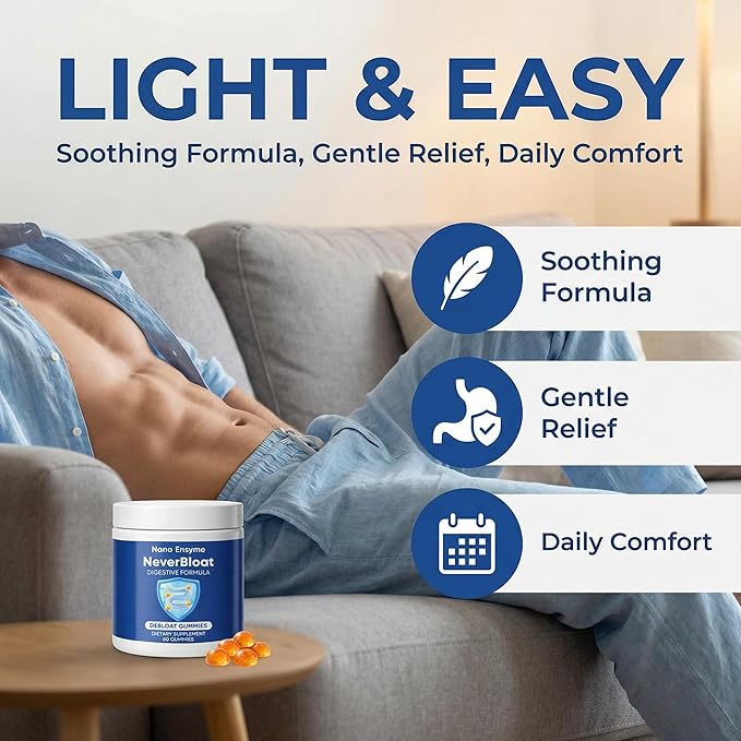 Nano Digestive Enzyme Gummies with Probiotics – NeverBloat Formula for Daily Digestive Support, Helps Relieve Bloating & Gas, Chewable Enzyme Complex - 60 Gummies