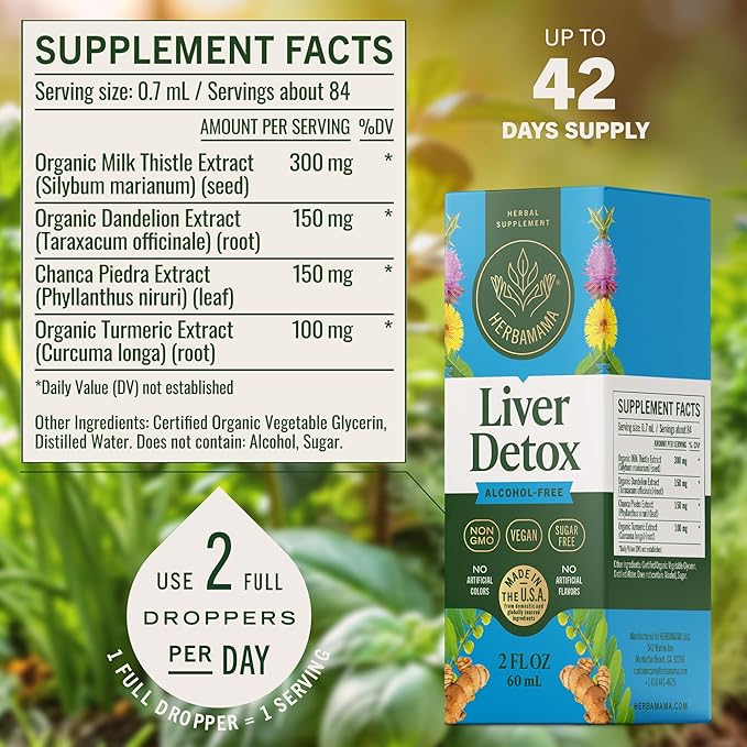 HERBAMAMA Liver Support Tincture - Vegan Liver Detox Liquid Drops with Milk Thistle, Dandelion Root & Chanca Piedra - Non-GMO, Alcohol & Sugar-Free Liquid Cleanse Supplement, 42-Day Supply