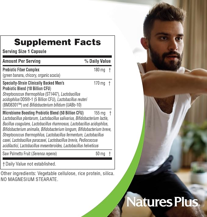 NaturesPlus GI Natural Probiotic Men - 30 Capsules - Digestive & Prostate Health, Immune Strength - Includes Saw Palmetto - Gluten Free - 30 Servings