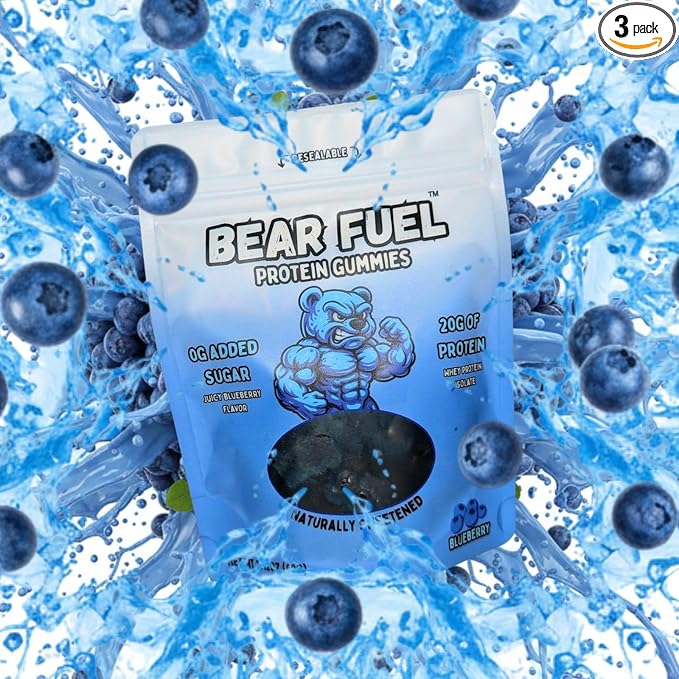 Bear Fuel Protein Gummies – 20g Protein Candy Snack – High Protein, Zero Sugar, Naturally Sweetened Gummy Bears – Fruit Variety (3, Blueberry)
