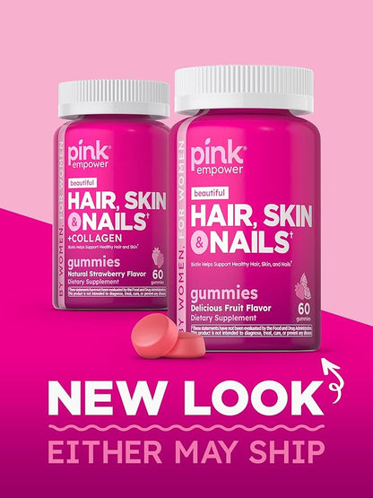 PINK Hair Skin Nails Gummies | Plus 2,500 mcg of Biotin | 60 Count | Non-GMO & Gluten Free Vitamins for Women | Strawberry Flavor