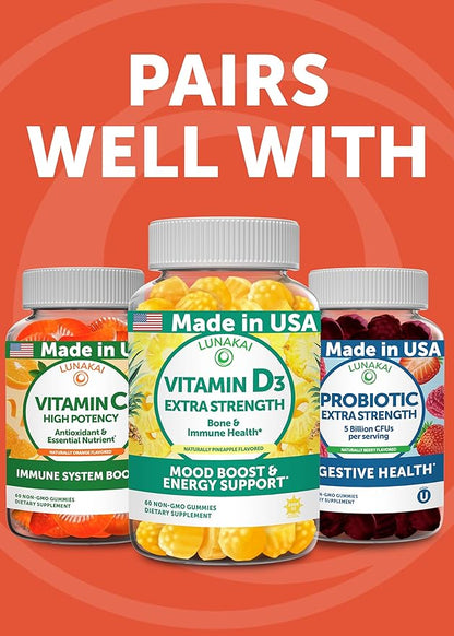 Lunakai USA Made Calcium Magnesium Zinc Gummies with Vitamin D3 & K2 – Delicious 5-in-1 Supplement for Daily Bone, Muscle & Immune Support for Women, Men & Kids, 60ct