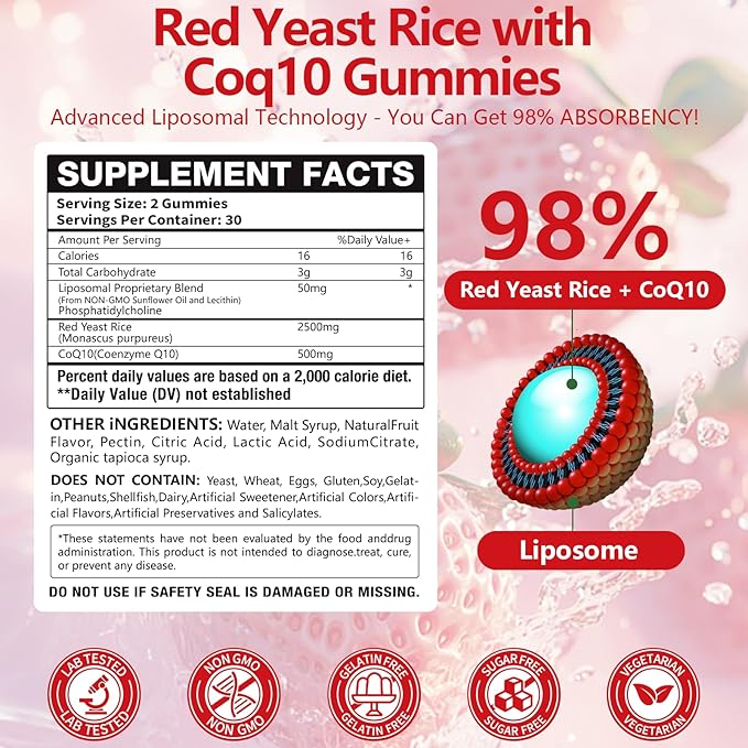 2 Pack Liposomal Red Yeast Rice with Coq 10 3000mg Gummies,Organic Red Yeast Rice Cholesterol Lowering Supplements, Enhanced with Coq 10 for Heart Health Support,Liposomal Enhance 98% Absorption