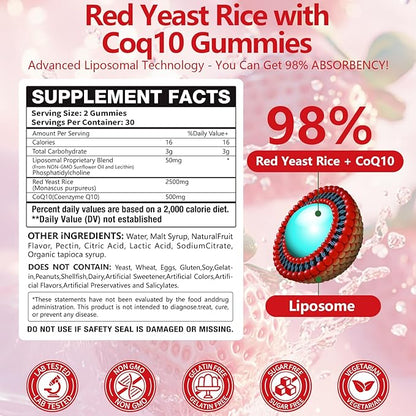 2 Pack Liposomal Red Yeast Rice with Coq 10 3000mg Gummies,Organic Red Yeast Rice Cholesterol Lowering Supplements, Enhanced with Coq 10 for Heart Health Support,Liposomal Enhance 98% Absorption