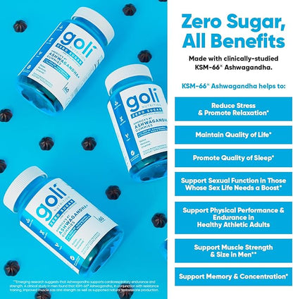 Goli Zero Sugar Ashwagandha Gummies, 60 Count Each (3 Pack, 180 Total) – with KSM-66, L-Theanine, Maca and Vitamin D - No Sugar Alcohols - Vegan, Keto-Friendly, Non-GMO