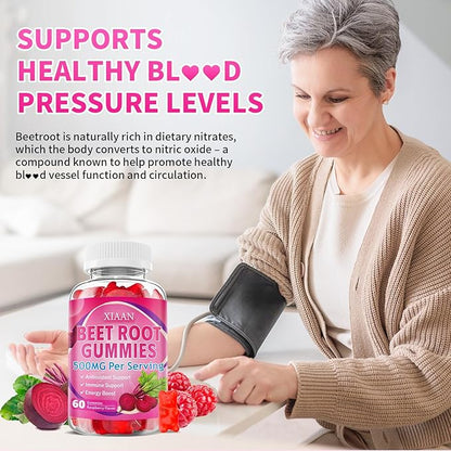 Beet Root Gummies for Women & Men, Beetroot Supplement Beet Chews with Vitamins Grape Seed for Antioxidant Supoort & Immune Health, Sugar-Free/Vegan/Organic,Raspberry Flavor 60 Count