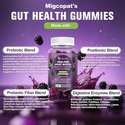 Migcopat Pre Post Probiotics Gummies, Probiotic Prebiotic Postbiotic Digestive Enzymes with Fiber, 120 Billion CFU Probiotics for Gut Health, Sugar Free, Vegan, BlackBerry Flavor, 120 Cts
