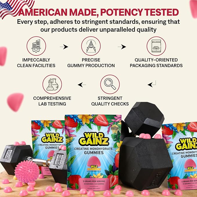 Creatine Monohydrate Gummies Sugar Free 5g - Made in USA - Pre Workout Creatine Chews for Women & Men, Creatine Gummy Candy, Chewable Nutritional Supplements, NSF Certified (Strawberry, 120 Count)