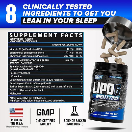 Nutrex Lipo 6 Nighttime Fat Burner | Melatonin Sleep Aid & Weight Loss Diet Pills for Men and Women | Night Time Metabolism Booster Appetite Suppressant | 30 Servings (1)