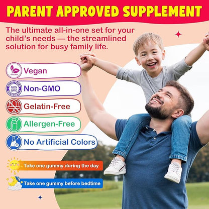 Kids Calcium Magnesium Supplement Gummies - Calcium Citrate 800mg with Magnesium Glycinate 200mg, L-Theanine, Vitamin D3 K2 & Omega-3 Multivitamin for Kids Day & Night Gummies - Vegan, Sugar Free