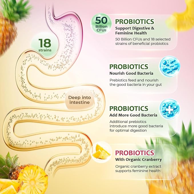 Premium Feminine Balance Gummies for Women, Feminine Balance & Digestive Support, Immune Support, Vegan & Gluten Free, Hawaiian Pineapple Flavor, 30 Gummies