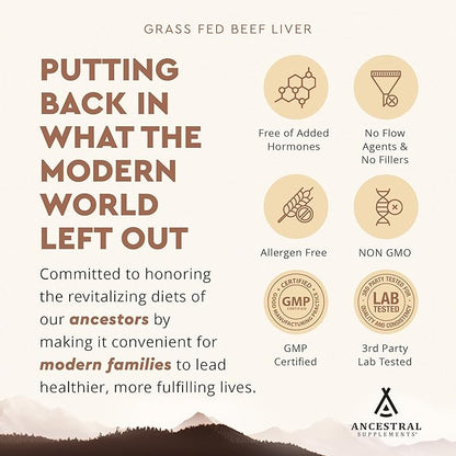 Ancestral Supplements Grass Fed Beef Liver 180 Capsules, Supports Energy Production, Detoxification, Digestion, Immunity and Full Body Wellness, Non-GMO, Freeze Dried Liver Health Supplement
