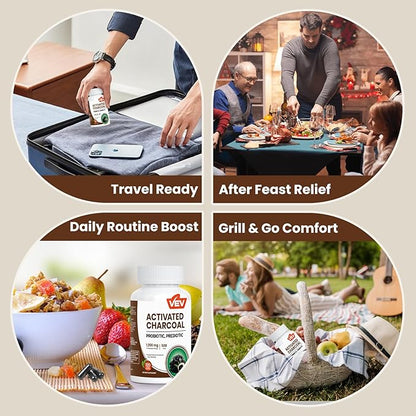 VEV Activated Charcoal with Organic Coconut Shell Charcoal & 50 Billion Probiotics – 120 Vegan Capsules for Digestive Wellness & Dietary Support