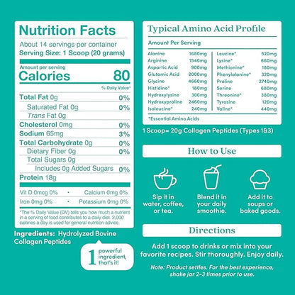 Further Food Unflavored Collagen Peptides Powder - 100% Grass-Fed, Hydrolyzed Type 1 & 3, 20g of Collagen per Serving, Supports Skin, Hair, Nails & Joints, 9.88 Oz